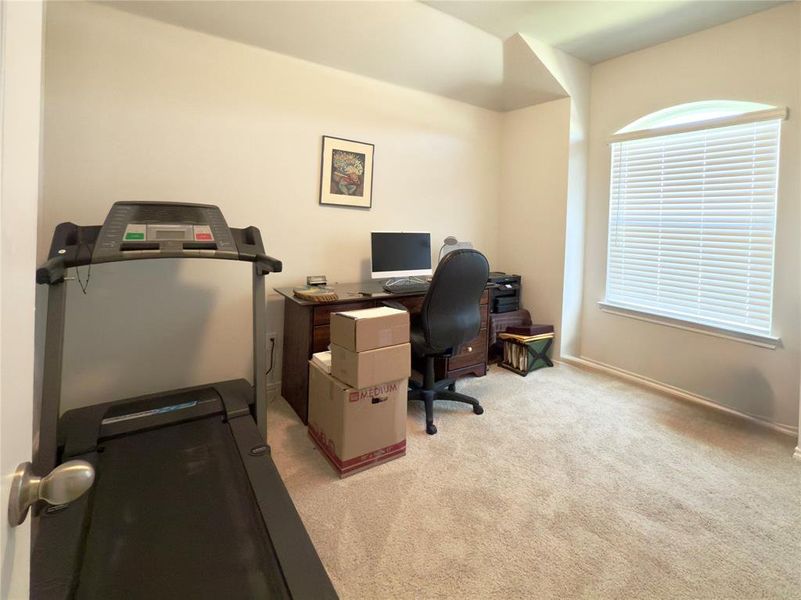 Home office with light colored carpet and baseboards Home office with light colored carpet and baseboards