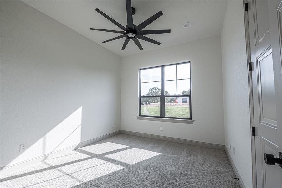 Carpeted spare room featuring a ceiling fan and baseboards Carpeted spare room featuring a ceiling fan and baseboards