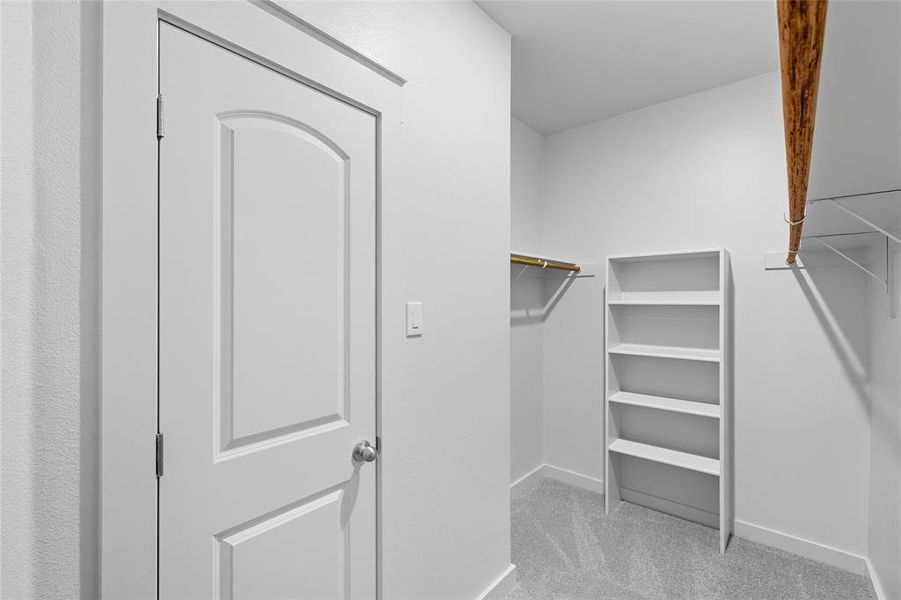 Walk in closet featuring light carpet Walk in closet featuring light carpet
