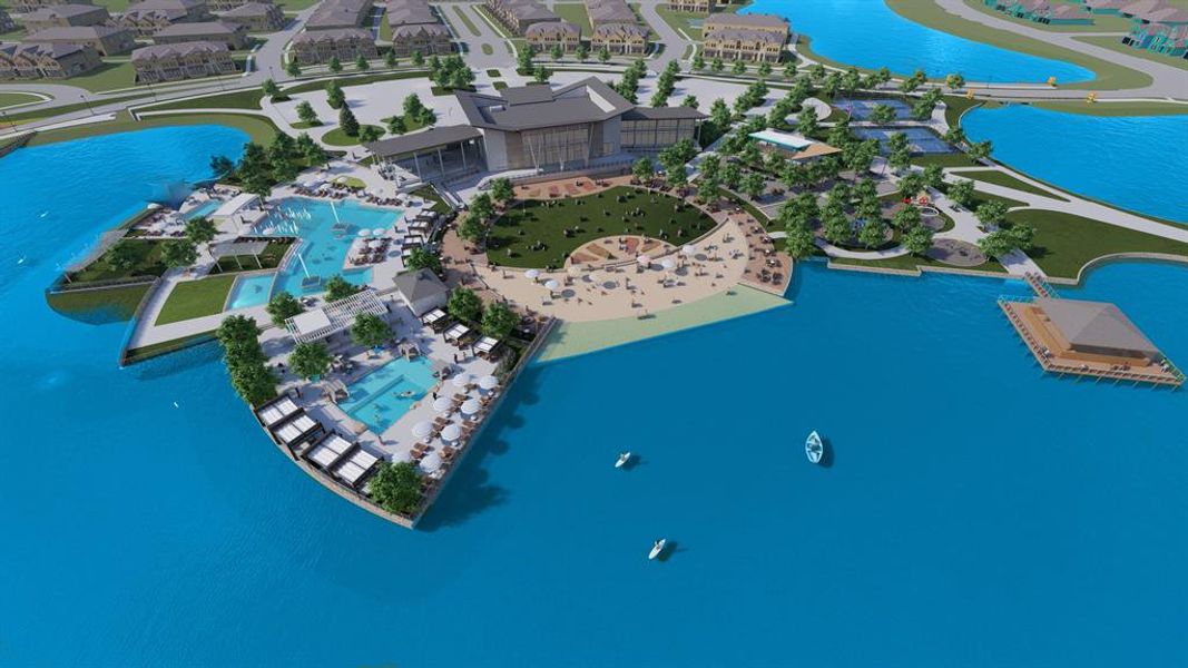 Bird's eye view of a pool and a nearby body of water