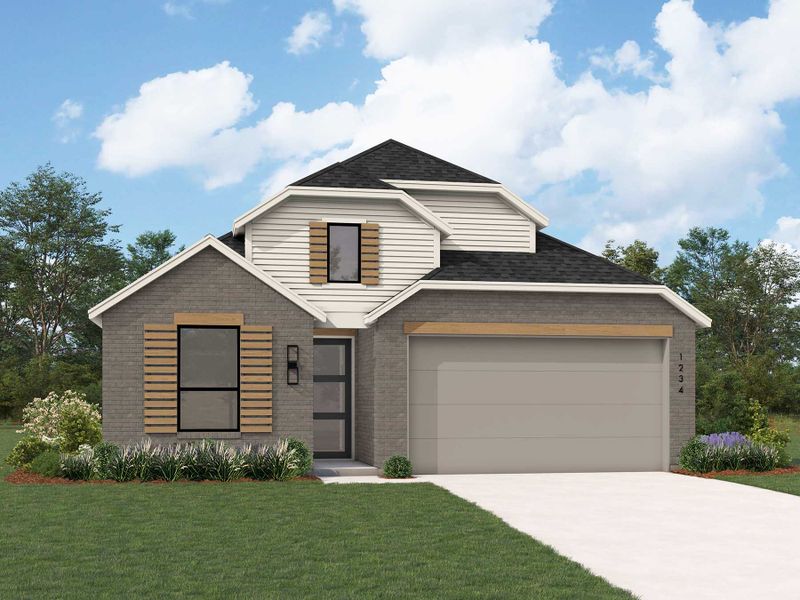 Representative exterior photo of a completed home built from the Morgan Plan by Highland Homes in Homestead, Schertz, TX (Image 1). Representative exterior photo of a completed home built from the Morgan Plan by Highland Homes in Homestead, Schertz, TX (Image 1).