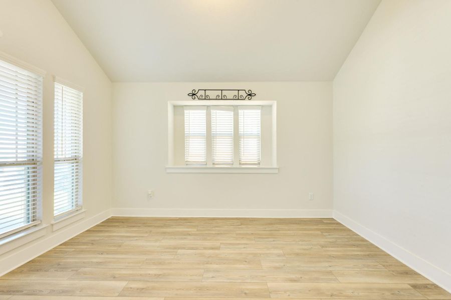 Unfurnished room with vaulted ceiling, light wood-style floors, and healthy amount of natural light