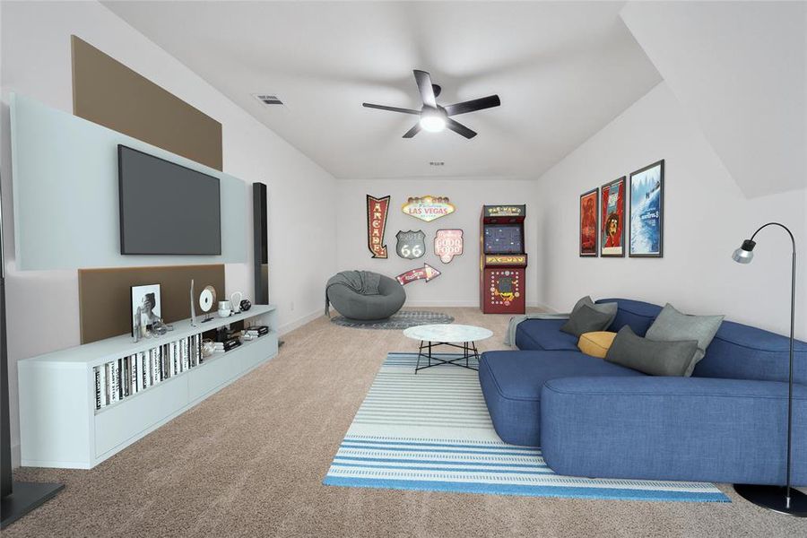 Virtually staged media/game room (Upstairs) featuring carpet floors and ceiling fan