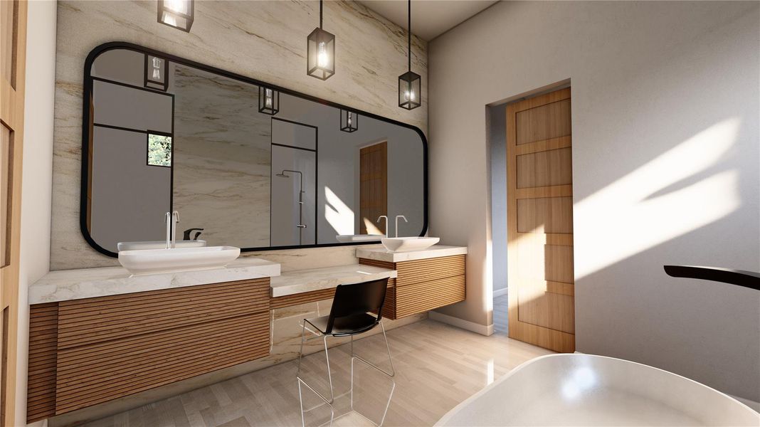 Bathroom featuring double vanity, a freestanding tub, and wood finished floors