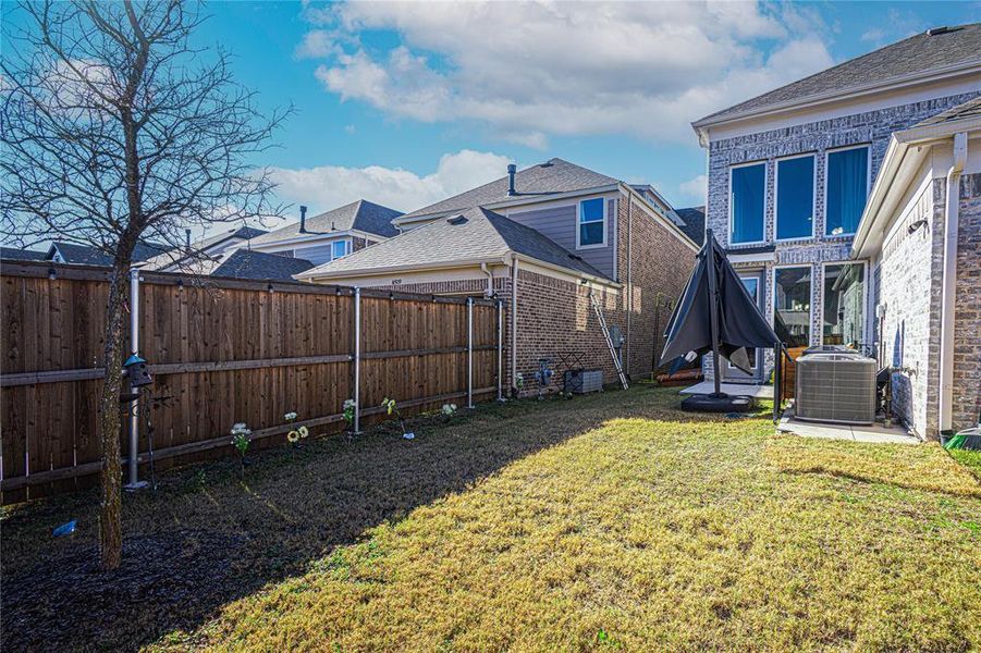 Fenced backyard with a patio