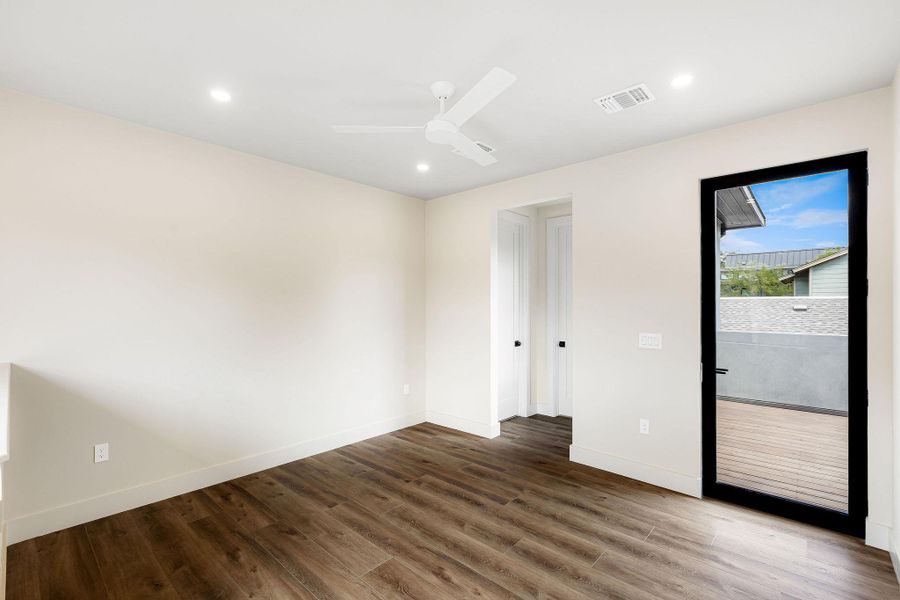 Unfurnished room with wood finished floors, recessed lighting, and ceiling fan