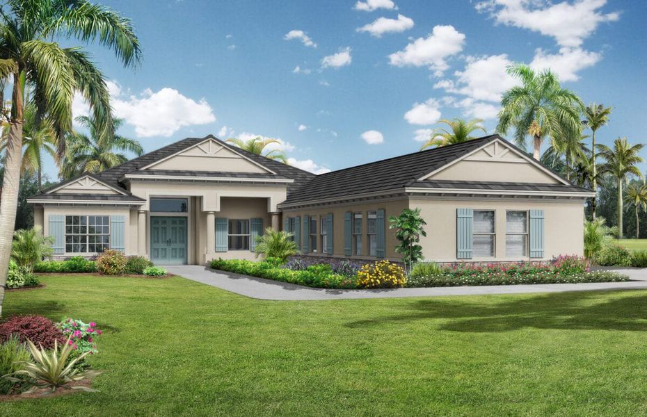 Representative exterior photo of a completed home built from the Grand Santa Maria 2 by Medallion Home in Hampton Lakes, Sarasota, FL (Image 4). Representative exterior photo of a completed home built from the Grand Santa Maria 2 by Medallion Home in Hampton Lakes, Sarasota, FL (Image 4).