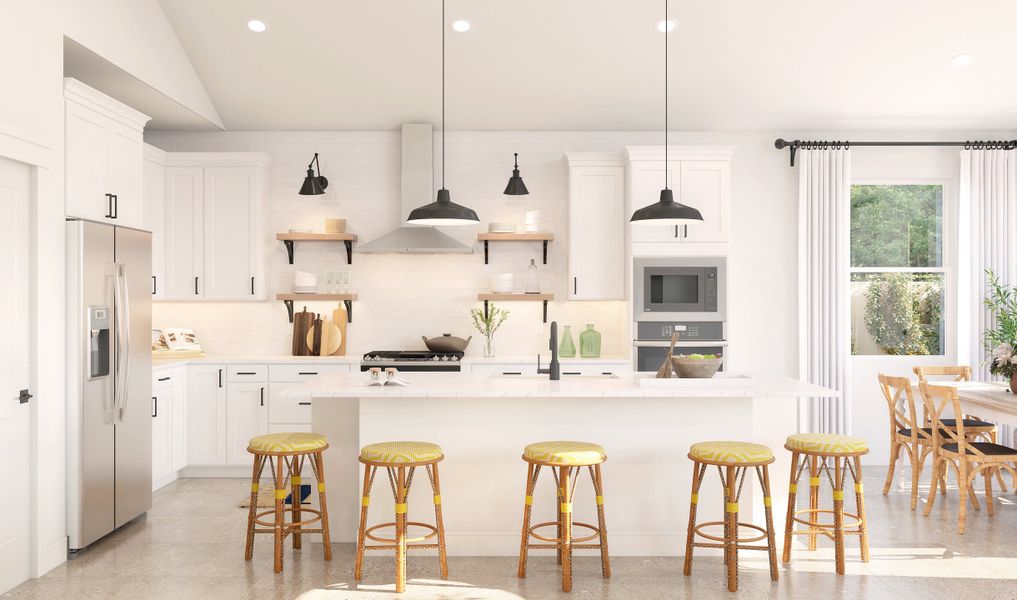Kitchen with pendant lighting and floating shelves