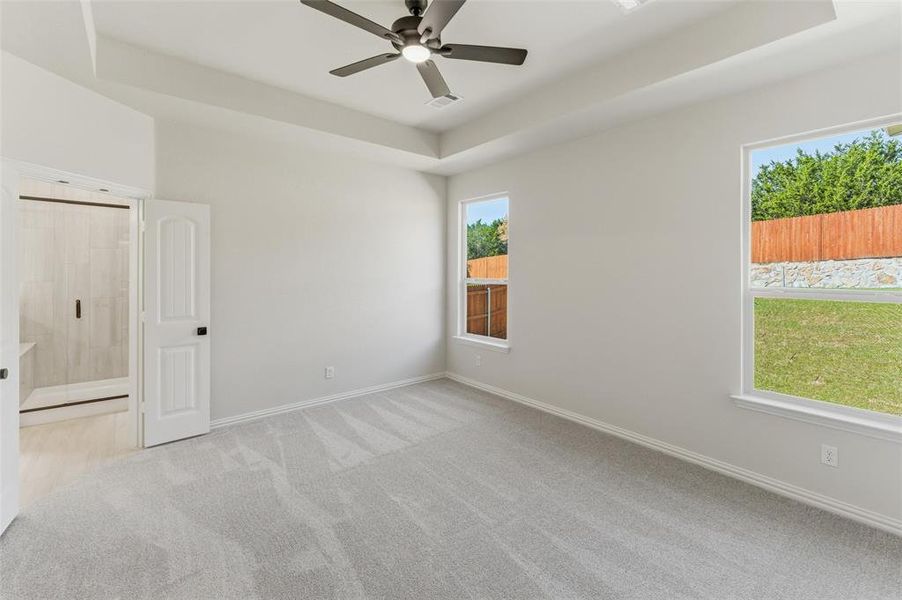 Spare room with a raised ceiling, light colored carpet, and a ceiling fan