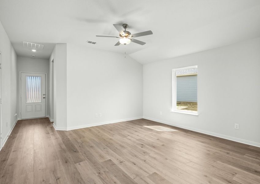 The family room is open and has large windows.