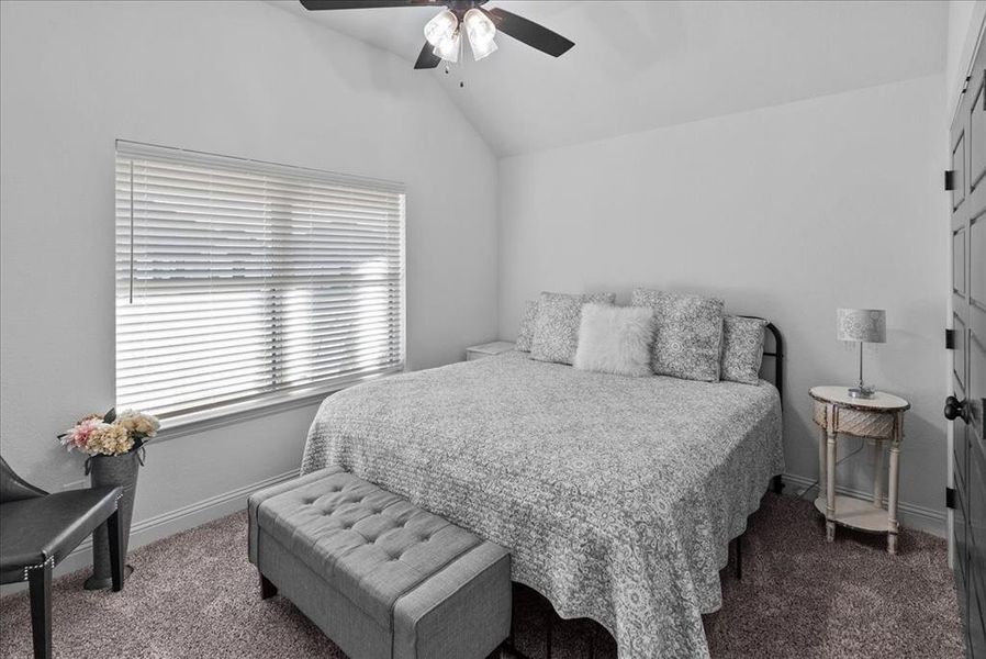 Bedroom with ceiling fan, baseboards, lofted ceiling, and carpet