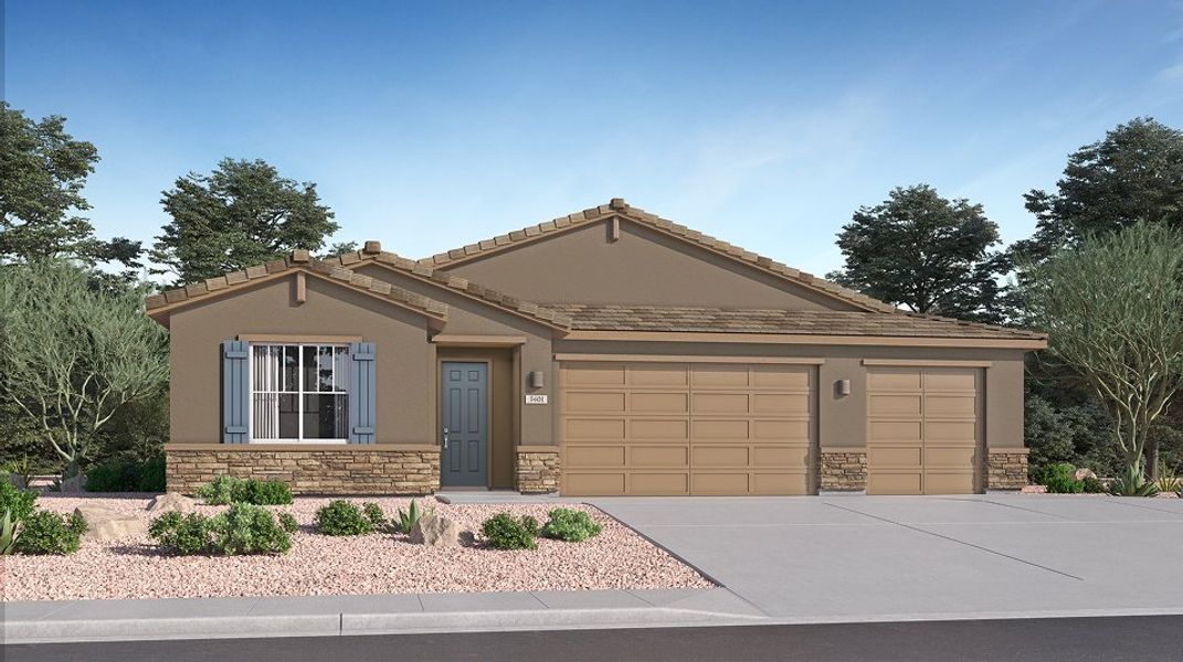 Front exterior of a new home in Sycamore Canyon: Inspiration Collection, Vail, AZ, highlighting curb appeal (Image 1).