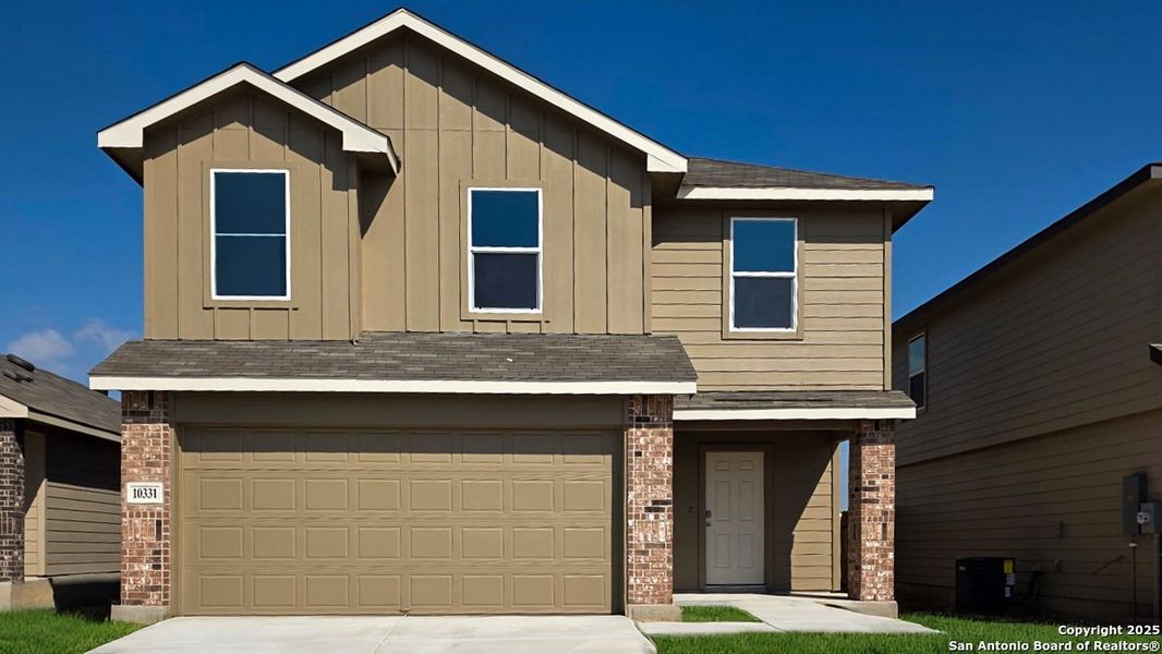 Front exterior of a new home in Sereno Springs, Converse, TX, highlighting curb appeal (Image 2). Front exterior of a new home in Sereno Springs, Converse, TX, highlighting curb appeal (Image 2).