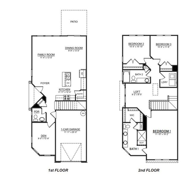 2D floor plan layout for the Carson by D.R. Horton in Townes at Tap Root Farms, Fletcher, NC (Image 3).