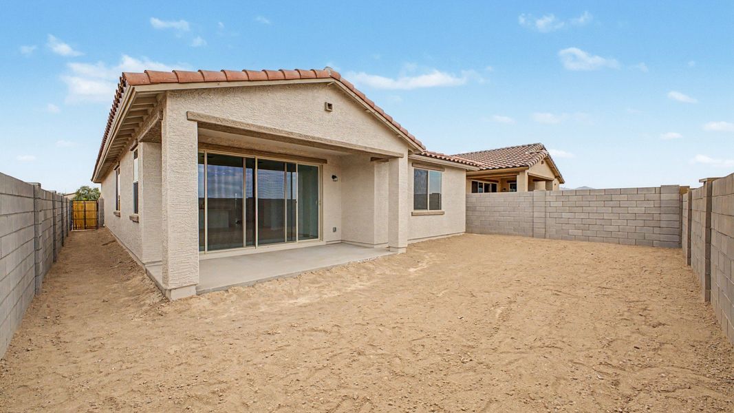 Backyard views of move-in ready single-story Clover by DRB Homes at Sienna Park, 1315 S. 215th Drive, Buckeye, Arizona 85326. Backyard views of move-in ready single-story Clover by DRB Homes at Sienna Park, 1315 S. 215th Drive, Buckeye, Arizona 85326.