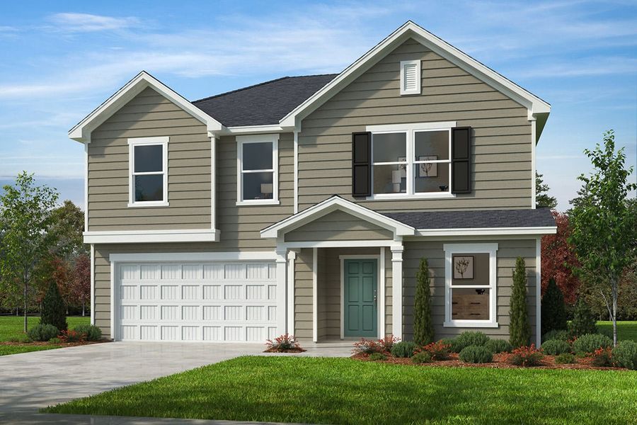 Representative exterior photo of a completed home built from the Plan 2338 by KB Home in Cottages at Clovis Point, Kings Mountain, NC (Image 12). Representative exterior photo of a completed home built from the Plan 2338 by KB Home in Cottages at Clovis Point, Kings Mountain, NC (Image 12).