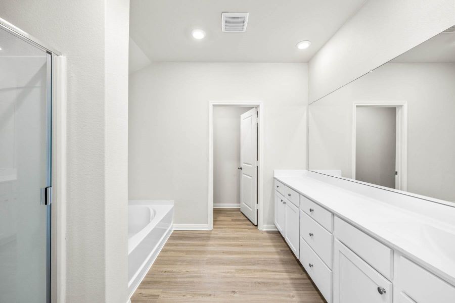 The luxurious primary bathroom has a soaking tub, standing shower, and a walk-in closet. The luxurious primary bathroom has a soaking tub, standing shower, and a walk-in closet.