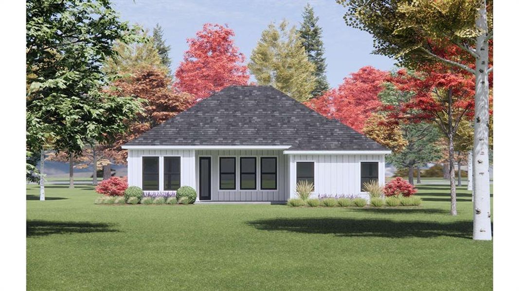 Rear view of property featuring a lawn, board and batten siding, and roof with shingles Rear view of property featuring a lawn, board and batten siding, and roof with shingles
