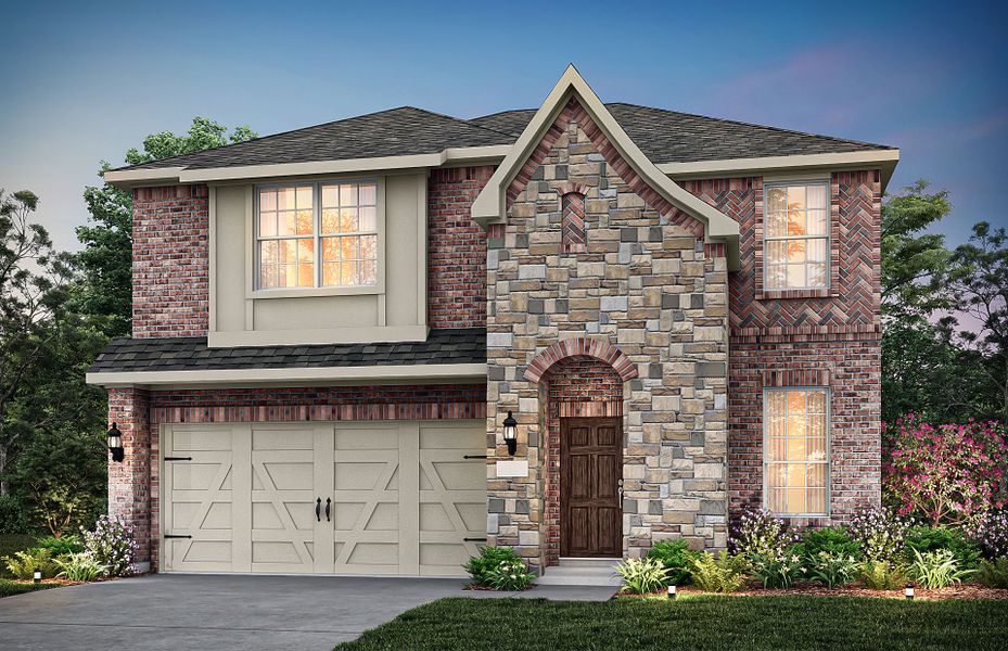 Front exterior of a new home in Pinnacle at Legacy Hills, Celina, TX, highlighting curb appeal (Image 1). Front exterior of a new home in Pinnacle at Legacy Hills, Celina, TX, highlighting curb appeal (Image 1).
