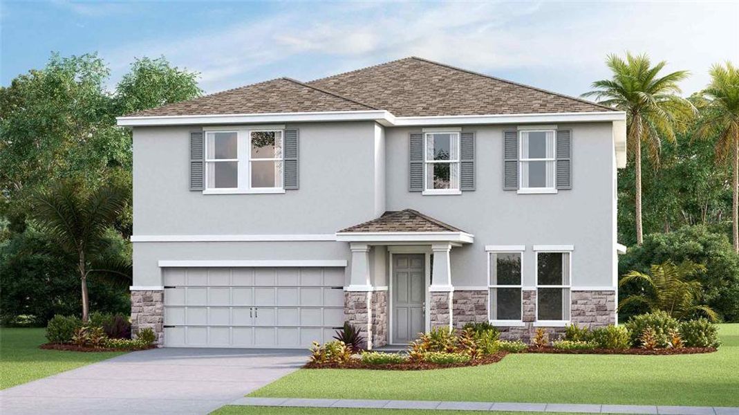 Front exterior of a new home in Angeline, Land O' Lakes, FL, highlighting curb appeal (Image 1). Front exterior of a new home in Angeline, Land O' Lakes, FL, highlighting curb appeal (Image 1).