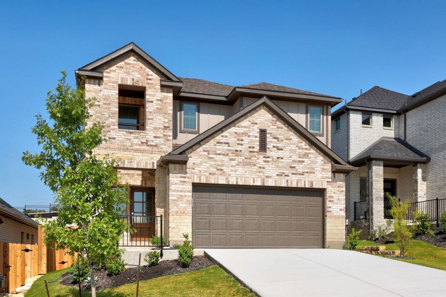 Front exterior of a new home in Lakeside at Tessera, Lago Vista, TX, highlighting curb appeal (Image 20).