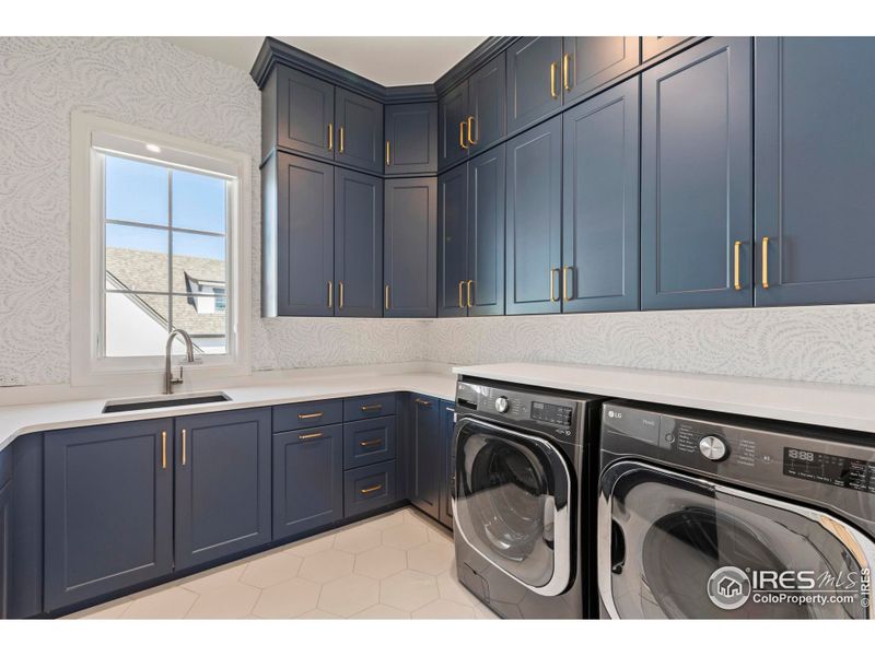 Upstairs laundry currently featuring dry cleaning unit, sink, custom cabinetry, ample countertop and hanging space