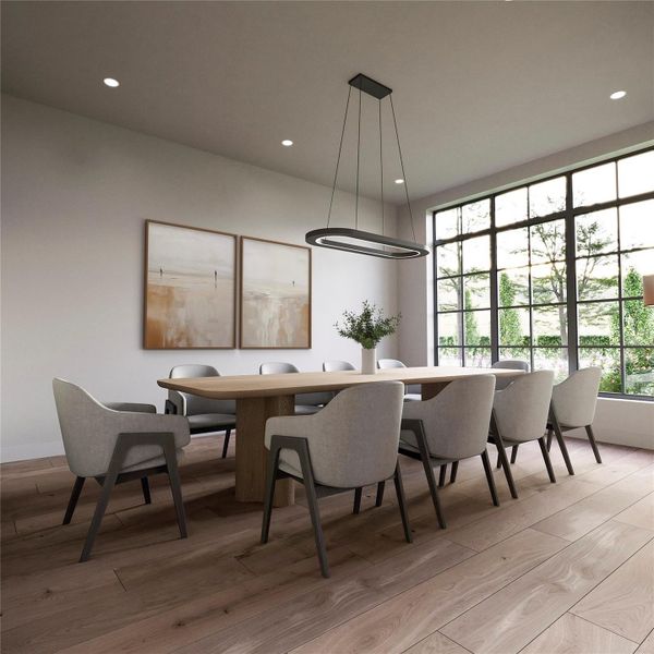 Formal dining room as you enter the house on your right.  Features a lot of natural light from the tall windows in the front of the house, designer chandelier and an adjacent chic butler's pantry with Taj Mahal color countertop and european style cabinetry, ideal for entertaining. This is a render.