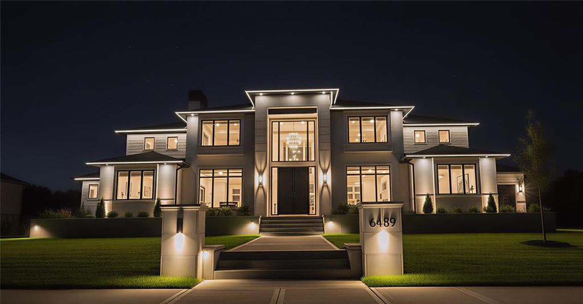 Modern home with stucco siding, a lawn, and a chimney