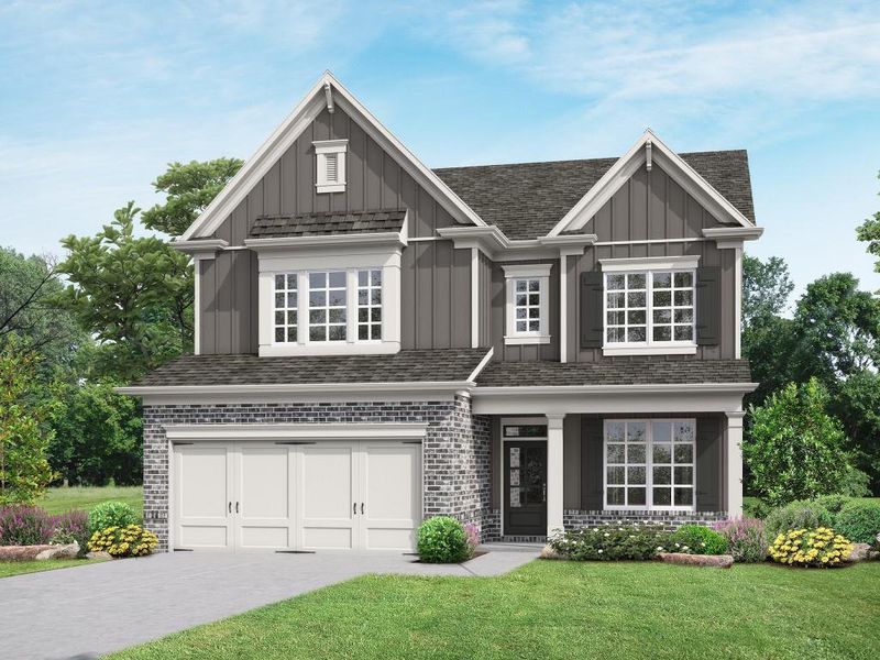 Front exterior of a new home in Hemingway, Flowery Branch, GA, highlighting curb appeal (Image 1).