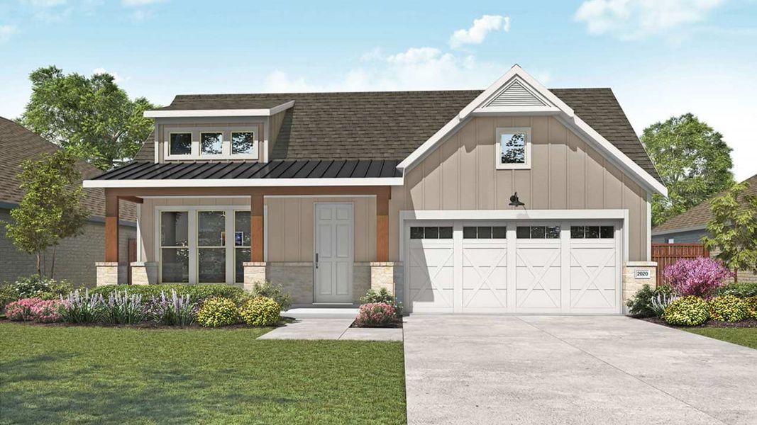 Representative exterior photo of a completed home built from the Laurel by DRB Homes in Sunfield, Buda, TX (Image 6). Representative exterior photo of a completed home built from the Laurel by DRB Homes in Sunfield, Buda, TX (Image 6).