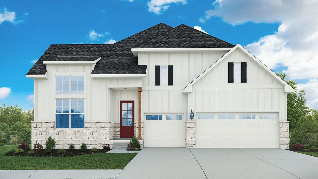 Exterior elevation with modern design and brick half wall. Exterior elevation with modern design and brick half wall.