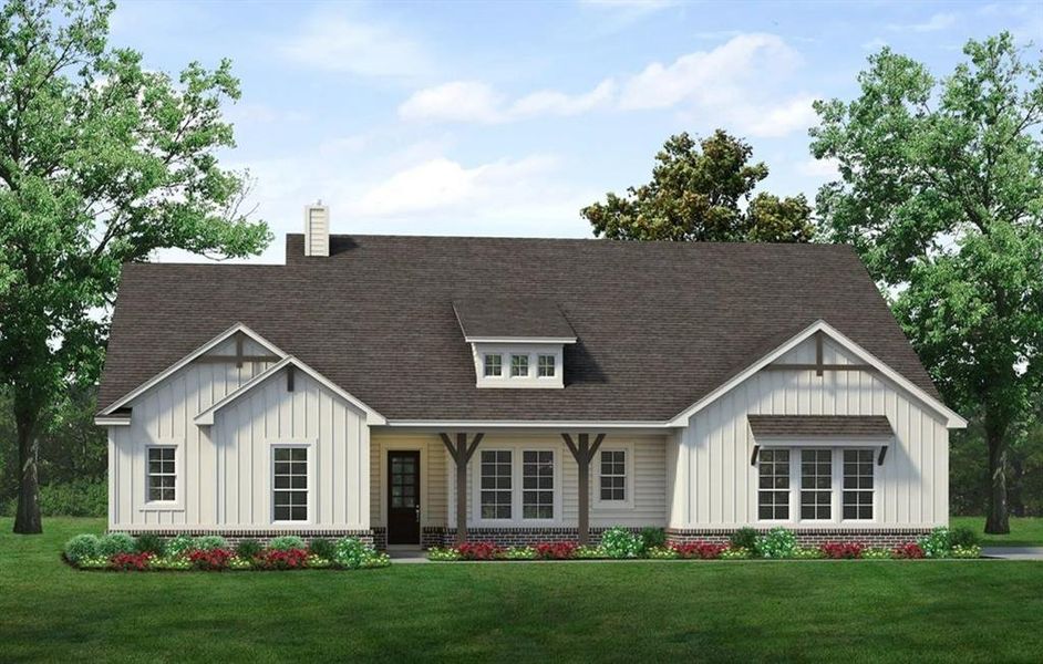 Front exterior of a new home in Oak Grove Addition, Springtown, TX, highlighting curb appeal (Image 1). Front exterior of a new home in Oak Grove Addition, Springtown, TX, highlighting curb appeal (Image 1).