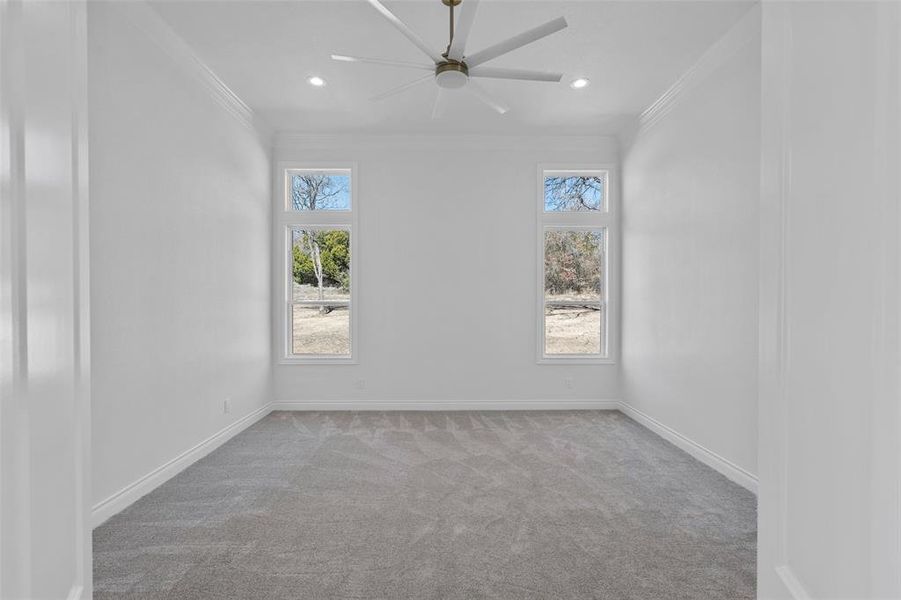 Carpeted empty room featuring ceiling fan, crown molding, and a wealth of natural light