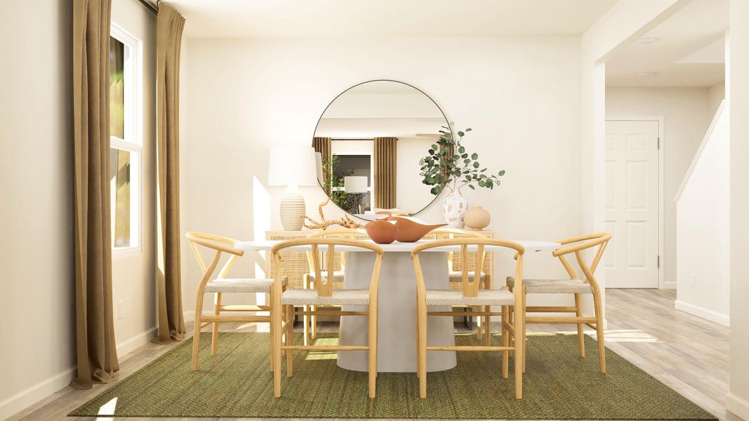 A dining room table with chairs around it. A dining room table with chairs around it.
