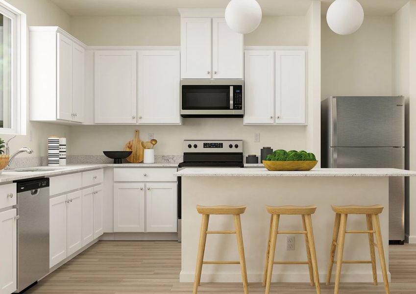 Rendering of a kitchen with white cabinetry and stainless-steel appliances. There are three wooden barstools at the counter. Rendering of a kitchen with white cabinetry and stainless-steel appliances. There are three wooden barstools at the counter.