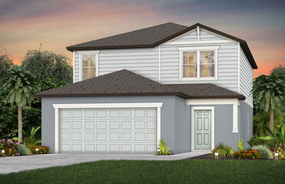 Front exterior of a new home in Oakfield Lakes, Parrish, FL, highlighting curb appeal (Image 1).