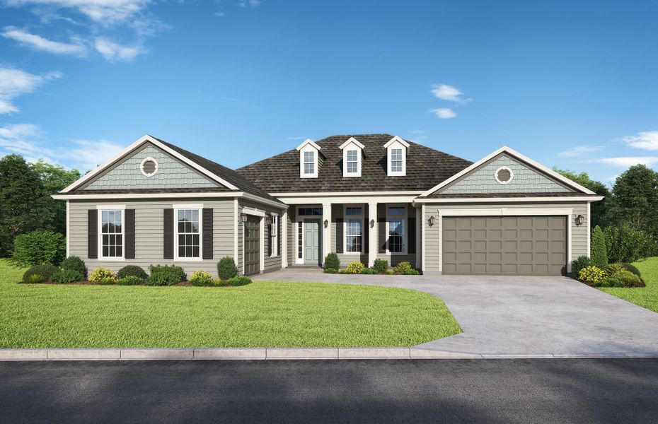 Representative exterior photo of a completed home built from the Sylvan by SEDA New Homes in Sandy Bluff, Yulee, FL (Image 2). Representative exterior photo of a completed home built from the Sylvan by SEDA New Homes in Sandy Bluff, Yulee, FL (Image 2).