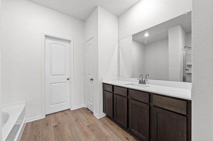 Bathroom featuring vanity, plus walk in shower, and wood-style flooring