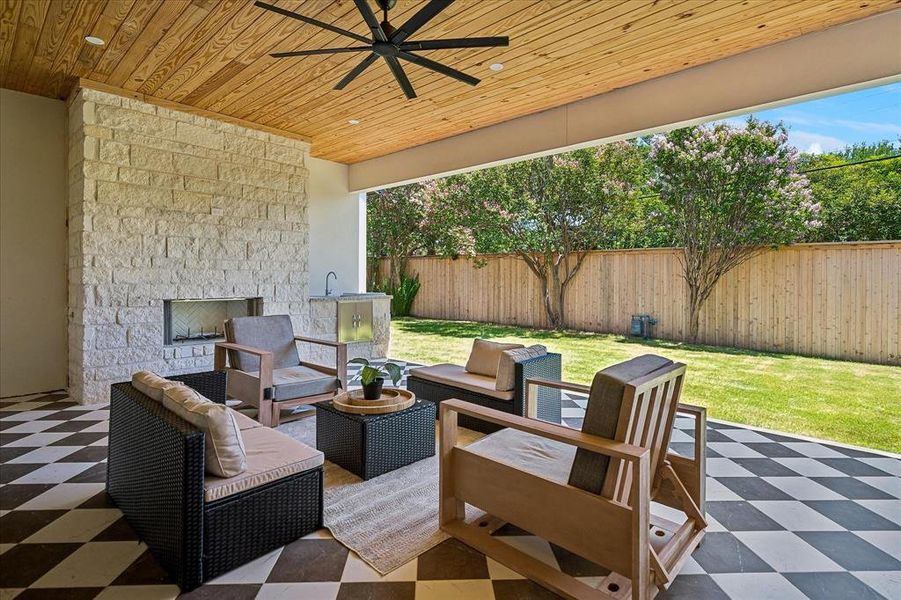 427 SF covered patio, stone fireplace, tongue and groove wood ceiling, ceiling fan, outdoor kitchen 427 SF covered patio, stone fireplace, tongue and groove wood ceiling, ceiling fan, outdoor kitchen