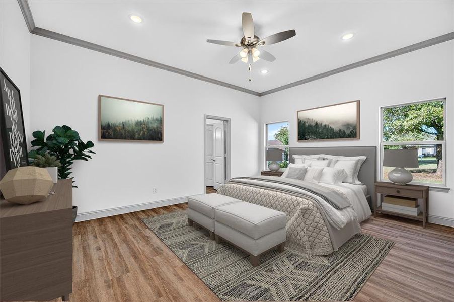 Bedroom with crown molding, multiple windows, light wood-style floors, recessed lighting, and a ceiling fan