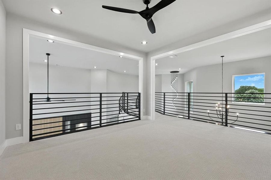 Empty room with recessed lighting, ceiling fan, and carpet flooring
