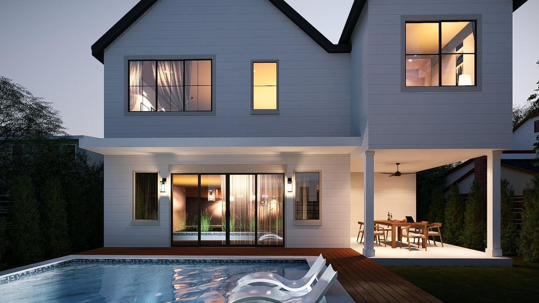 A private outdoor oasis with a sleek pool and a spacious patio for entertaining. A private outdoor oasis with a sleek pool and a spacious patio for entertaining.
