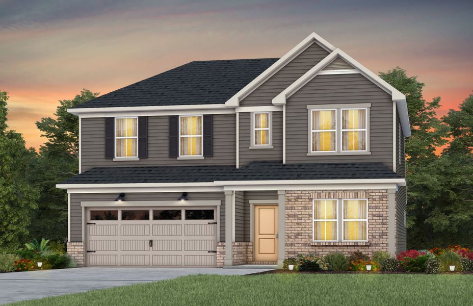 Front exterior of a new home in Michaux Gardens, Belmont, NC, highlighting curb appeal (Image 28). Front exterior of a new home in Michaux Gardens, Belmont, NC, highlighting curb appeal (Image 28).