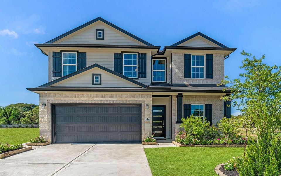 Front exterior of a new home in Steed Landing, Texas City, TX, highlighting curb appeal (Image 1).
