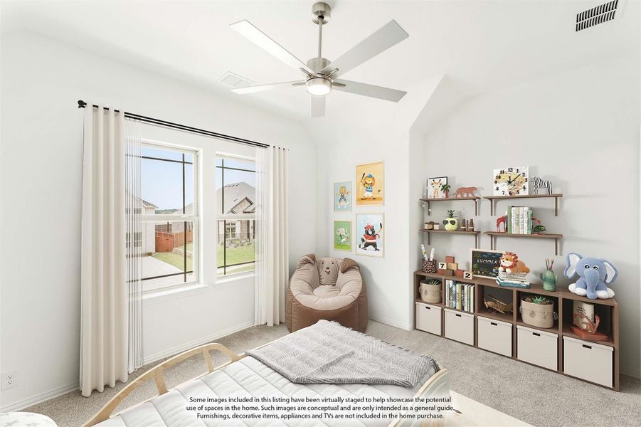 Child's bedroom with vaulted ceiling, ceiling fan, toy shelves, and large windows with white curtains