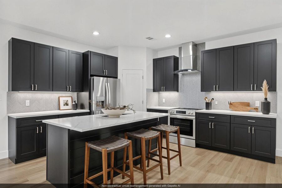 Virtually staged Kitchen featuring dark cabinetry, tasteful backsplash, appliances with stainless steel finishes, light wood-style floors, and recessed lighting