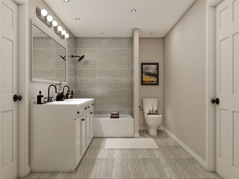 Another view of the primary bathroom. Example photo, virtually staged