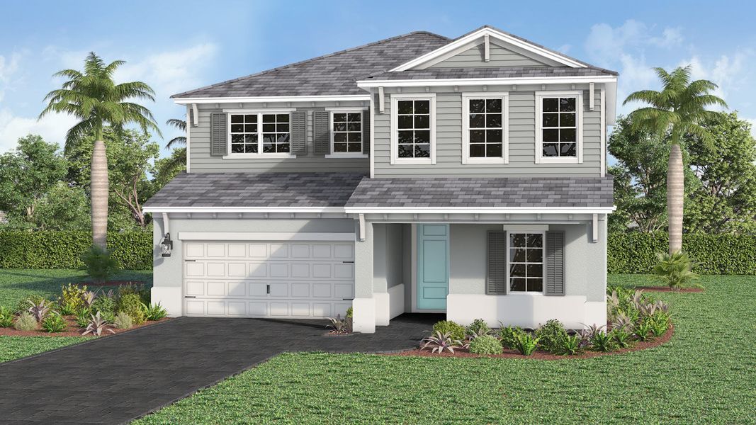 Front exterior of a new home in Palm Grove Real Estate and Homes for Sale in Lakewood Ranch, FL - Neal Communities, Lakewood Ranch, FL, highlighting curb appeal (Image 28).