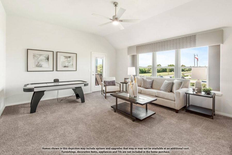 Bonus room with vaulted ceiling, carpet, air hockey table, and sofa seating area near large windows