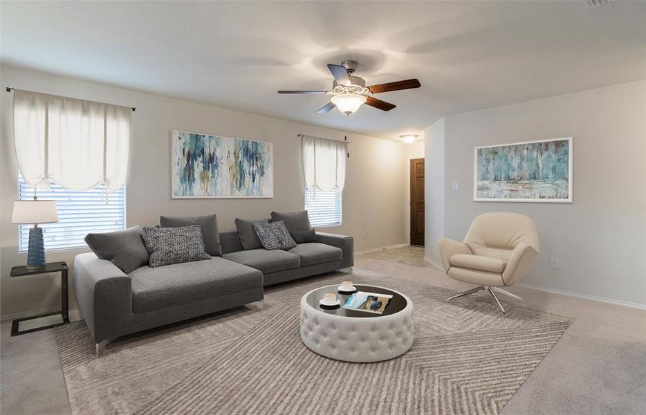 Spacious gathering room with large windows *Model Representation*